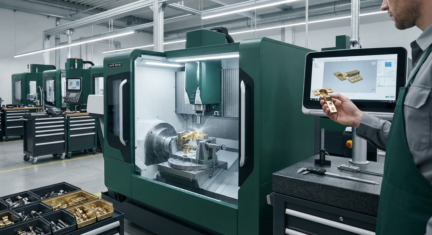 Precision CNC manufacturing facility with a technician inspecting a hardware component