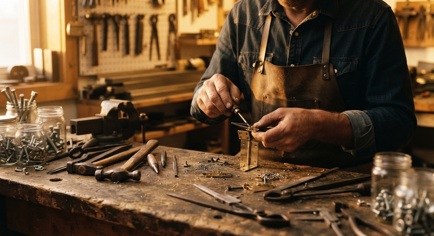 Artisan hands working brass hardware at a wooden workbench