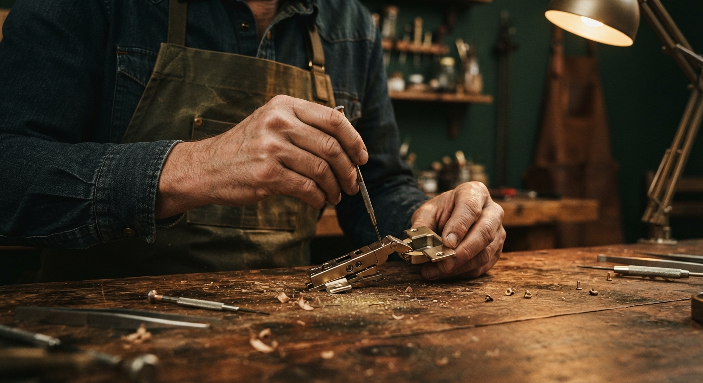 Craftsman assembling a cabinet hinge